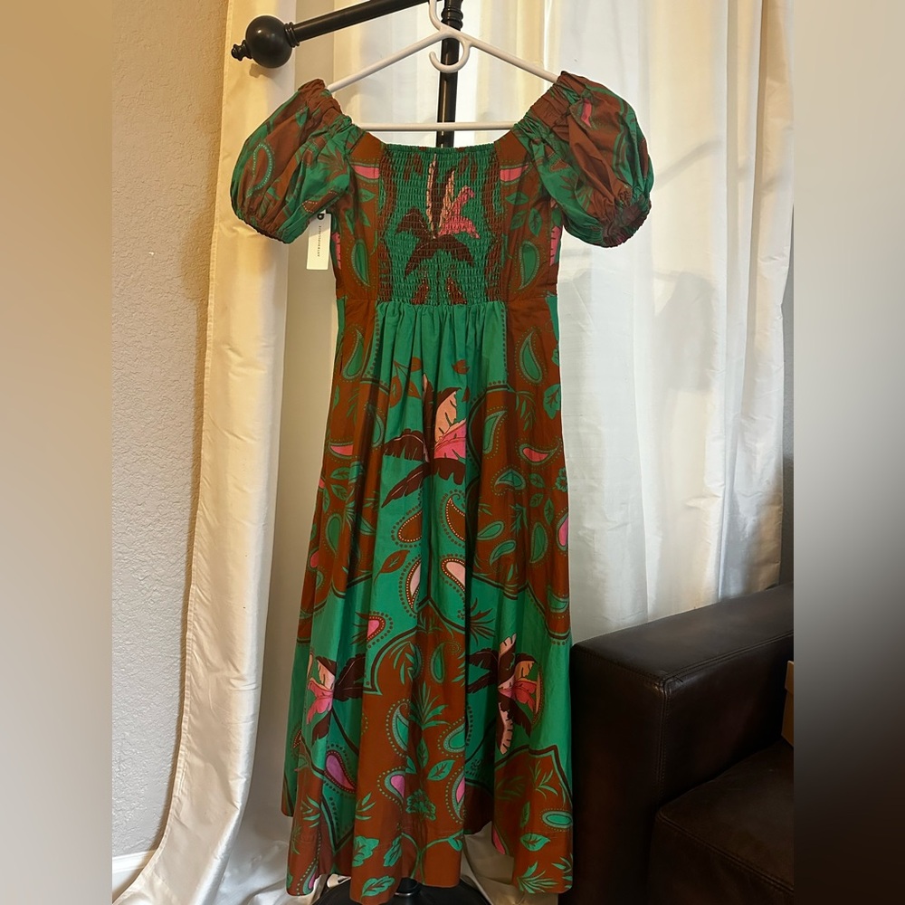 NWT Anthropologie Maeve Green and Orange Off-Shoulder Midi Dress Size 2 - Picture 4 of 8